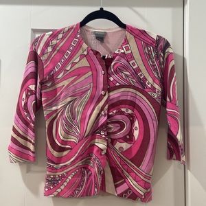 Ann Taylor Petites SP 90s inspired geometric cardigan with rhinestone buttons